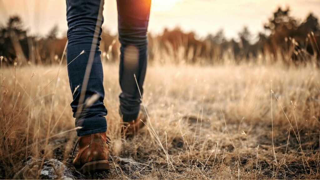 Nahaufnahme von Beinen einer Person in Jeans und Wanderschuhen, die durch eine goldene Wiese bei Sonnenuntergang geht.